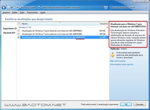 atualização antipirataria KB971033 para o Windows 7
