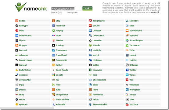namechk   Check Your Name or Vanity url is Available on All Social Networking Sites