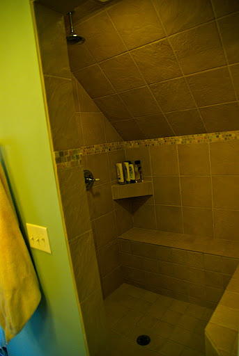 The HUGE tiled shower - it has a double shower head!