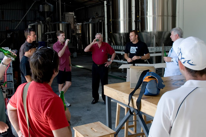 Ross from Stone & Wood takes Thirsty Critters guests on a guided tour