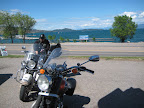 Neil gears up (actually down) at Betty's Diner, Polson, MT, south end of Flathead Lake.