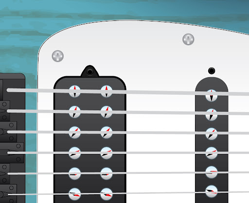 A detail of a Decibel Guitars Javelin prototype with pre-production Aurora pickups installed. Each pickup "pole piece" is a 1/4" diameter glass capsule filled with a proprietary ferrofluid. Floating in each capsule is a polarity indicator, allowing the player to see how the pickups are interacting with their environment.