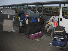 At CDG in Paris. With cat, dog, 6 suitcases, 6 carryons, and a baby!