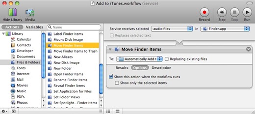 Add to iTunes.workflow configured according to the six steps described above