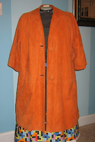 The Great Pumpkin Coat, modeled by Barbie with the Tetris Fabric draped like a dress and The Fluffer for a little poof and structure