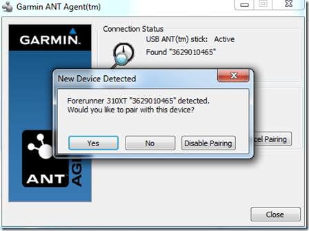 Garmin ANT+ Agent new pairing with 310XT