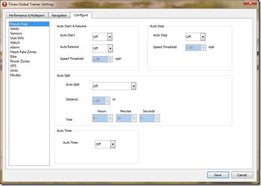 Timex Global Trainer Configuration Settings