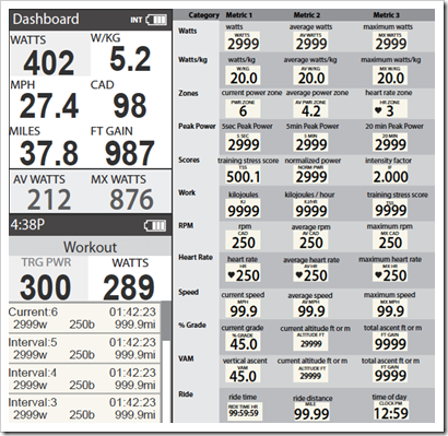 CycleOps Joule - Data field options CycleOps Joule - Data field options