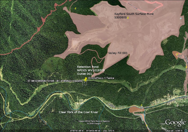 Flocculent tanks appear to be outside the surface mine permit boundary at Catenary's Kayford South Surface Mine.  Image created using Google Earth.