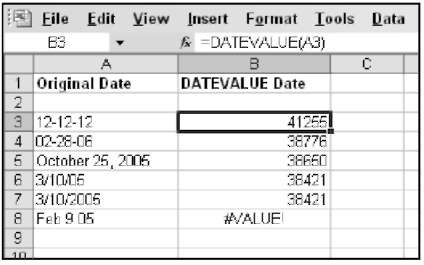 Converting dates into their serial equivalents with the DATEVALUE function.