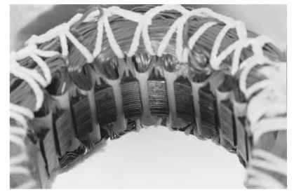Stator and coil assembly opposite lead end.