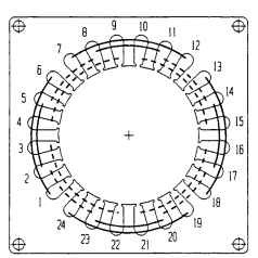 Concentric winding for a single-phase four-pole motor with two coils per pole. Solid lines indicate main winding coil sets; dashed lines indicate auxiliary winding coil sets. Concentric winding for a single-phase four-pole motor with two coils per pole. Solid lines indicate main winding coil sets; dashed lines indicate auxiliary winding coil sets.