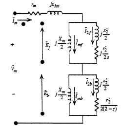 Single-phase motor equivalent circuit with common notation.
