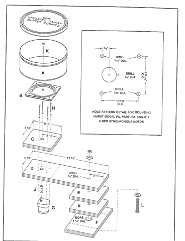 An exploded view of the chart recorder assembly. The capital letters in this drawing refer to the capital letters in the materials list on page 481.