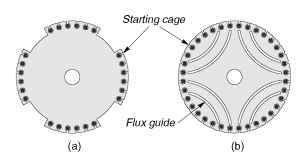 Reluctance motor rotors (4-pole): (a) salient type, (b) flux-guided type