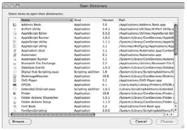 Viewing the AppleScript Dictionary within the AppleScript Editor.