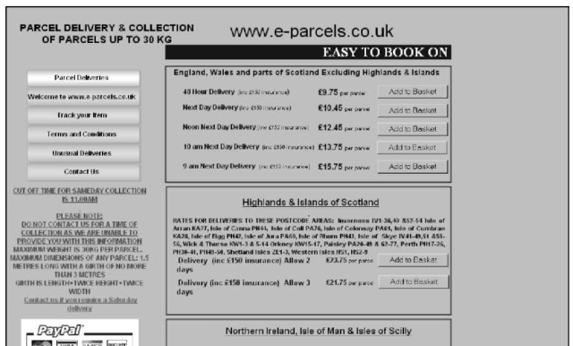 The e-parcels. co.uk homepage.