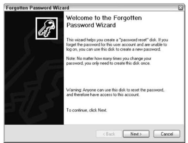 The Forgotten Password Wizard steps you through creating a password reset disk.