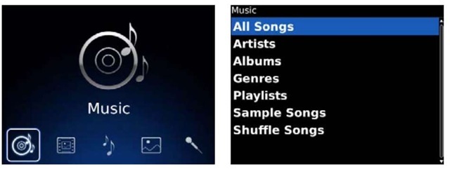 Launch Music from the Media screen (left), and choose how to view your music collection (right).