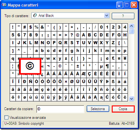 come mettere simbolo copyright testo windows