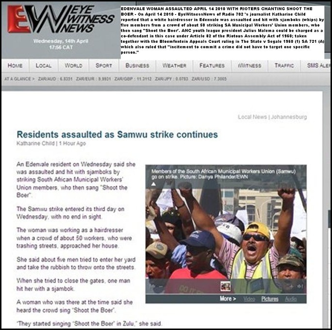 Hatespeech Shoot the Boer Edendale woman sjambokked strikers Shoot the boer chanting Apr142010 Radio702EyeWitnessNews Hatespeech Shoot the Boer Edendale woman sjambokked strikers Shoot the boer chanting Apr142010 Radio702EyeWitnessNews