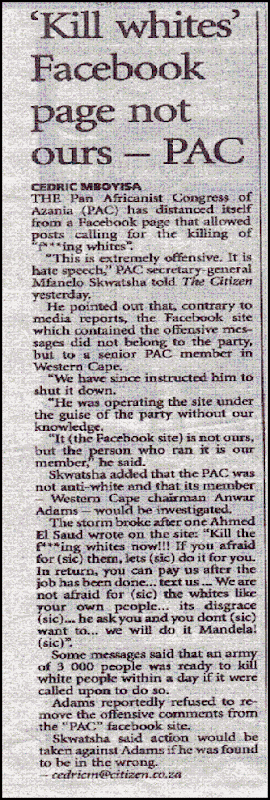 Kill whites Facebook page not ours claims PAC Feb262010 Citizen