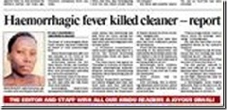 Cleaner was killed by HaemorrhagicFeverMorningsideClinicOct27TheStar Mtembu