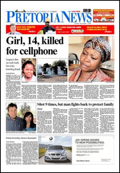 Pretoria News front page Dec 1 2009