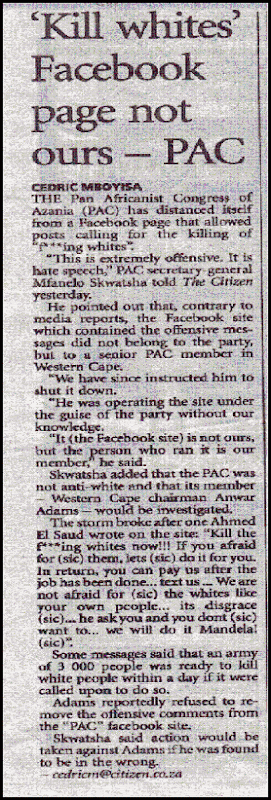 Kill whites Facebook page not ours claims PAC Feb262010 Citizen