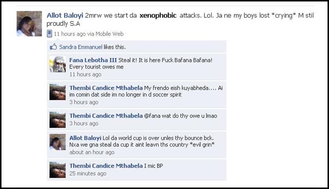 Baloyi Allot June172010 Tomorrow We start Xenophobic attacks Facebook