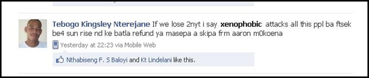 Nterejane Tebogo Kingsley Xenophobic attacks plan June 172010 Facebook