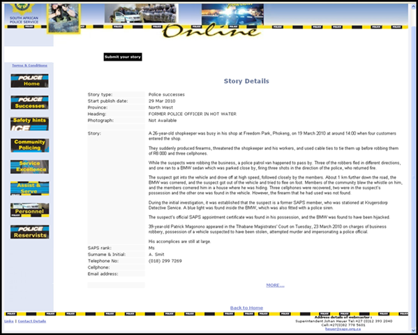 [ARRESTED COP FOR FARM ATTACKS Magonono Patrick SAPS captain Magaliesburg CID rearrest 29 March 2010 SAPS report[8].png]