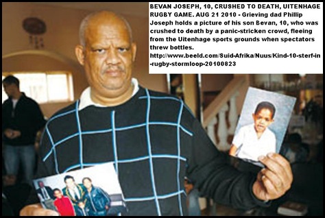 Joseph Bevan 10 pic held by dad Phillip killed in Uitenhage rugby rush