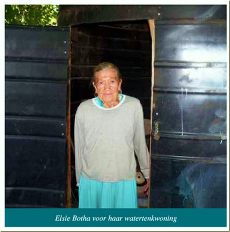 AfrikanerPoor Elsie Botha lives in a refitted watertank Eagles Nest Pretoria Helping Hand charity AfrikanerPoor Elsie Botha lives in a refitted watertank Eagles Nest Pretoria Helping Hand charity