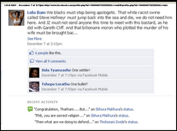 ANTI AFRIKANER HATESPEECH LOLA BAM VS STEVE HOFMEYER DEC7 2010 FACEBOOK PAGE