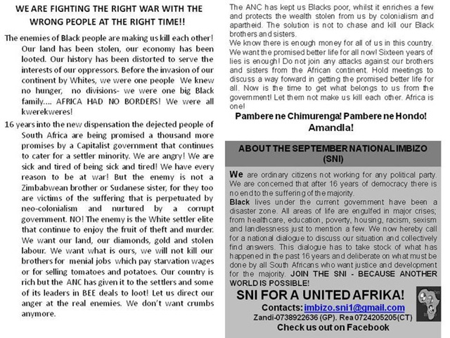 [Antiwhite BLACKWASH pamphlet urging blacks to attack SETTLERS instead of fellow blacks Andile Mnxgama[4].jpg]