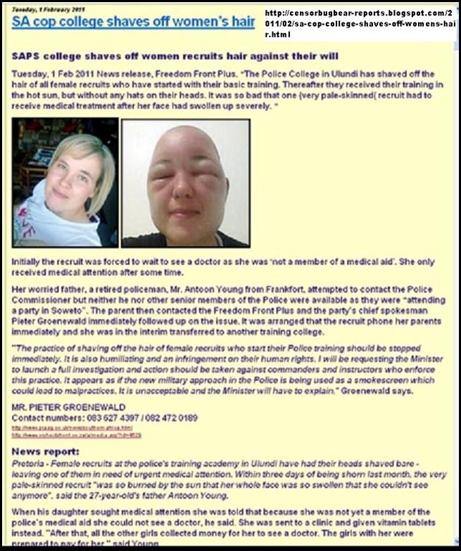 SAPS female recruits hair shaved against their will YOUNG suffered sunstroke Feb12011