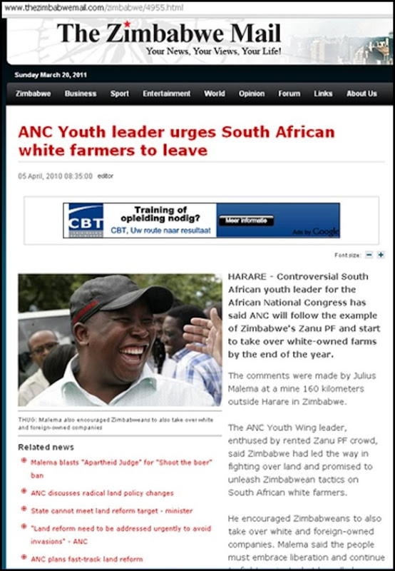 Antiwhite hatespeech White Man murdered claim Julius Malema article ZimMail JULIUS MALEMA ALL WHITE FARMERS MUST LEAVE Antiwhite hatespeech White Man murdered claim Julius Malema article ZimMail JULIUS MALEMA ALL WHITE FARMERS MUST LEAVE