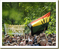 European Coalition for Just and Effective Drug Policies (ENCOD) Protesters in Prague, Czech Republic demand the legalization of marijuana at the Global Marijuana March, May 2009