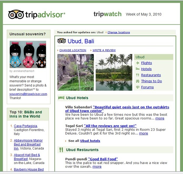 Tripadvisor newsletter with lots of information about Bali holidays and tropical Blai hotel