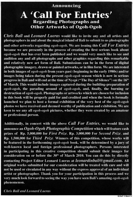 Advertisment to send in pictures for a book about Ogoh Ogoh in Bali