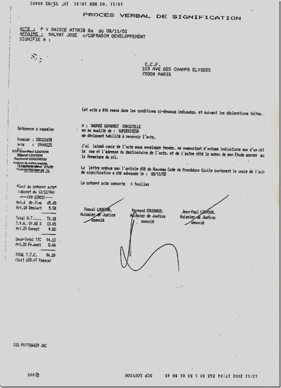 PRE-RAPPORT DE Maître Marc BARONI: 1) Procès verbal de signification du 8  Novembre 2002 de l'Huissier de Justice à la Société CCF