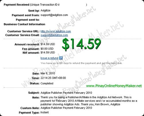 Adgitize Payment Proof - $14.59 on March 6, 2010