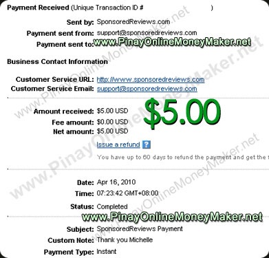 Sponsored Reviews Payment Proof $5.00 on April 16, 2010
