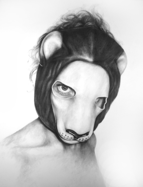 Melissa Cooke powder graphite drawing draw self portrait large mask art lion