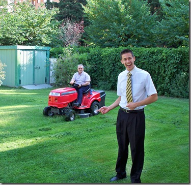 Bishop riding lawnmower