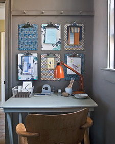Even the most common items (the clipboard) can have a sophisticated air with the help of wallpaper. It's a great idea for small, leftover scraps. (marthastewart.com) Even the most common items (the clipboard) can have a sophisticated air with the help of wallpaper. It's a great idea for small, leftover scraps. (marthastewart.com)