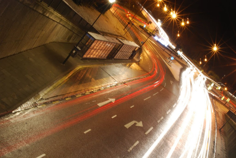 An angled light trail of Leazes Bowl Roundabout in Durham