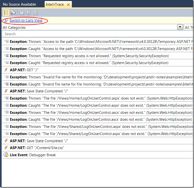 Скриншот: список событий залогированных IntelliTrace для ASP.Net Mvc приложения