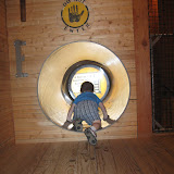 Wrong Way! Kai exploring a tunnel in the grain exhibit at the Minnesota History Center